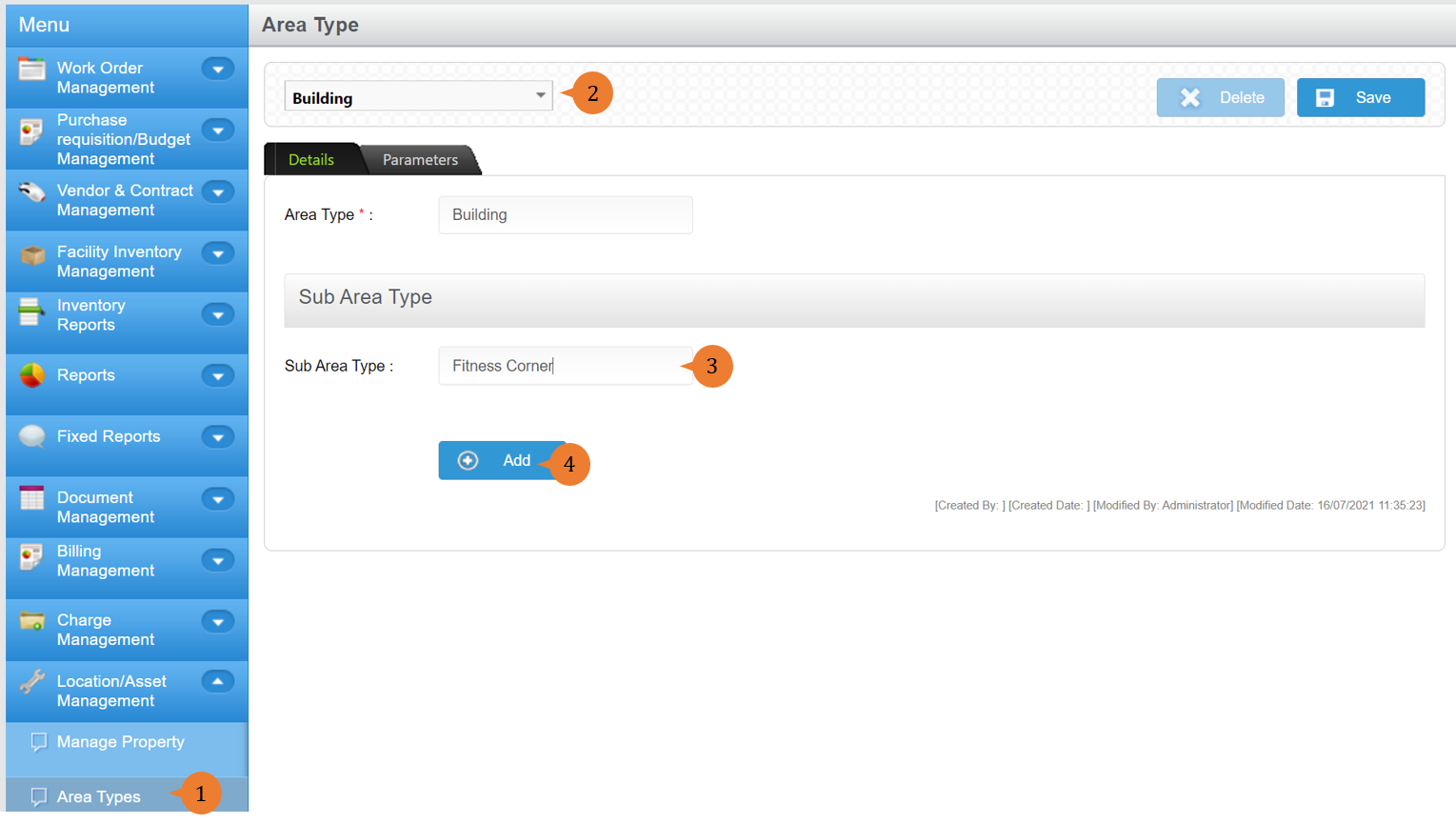 steps 1 to 4 to add sub-area type