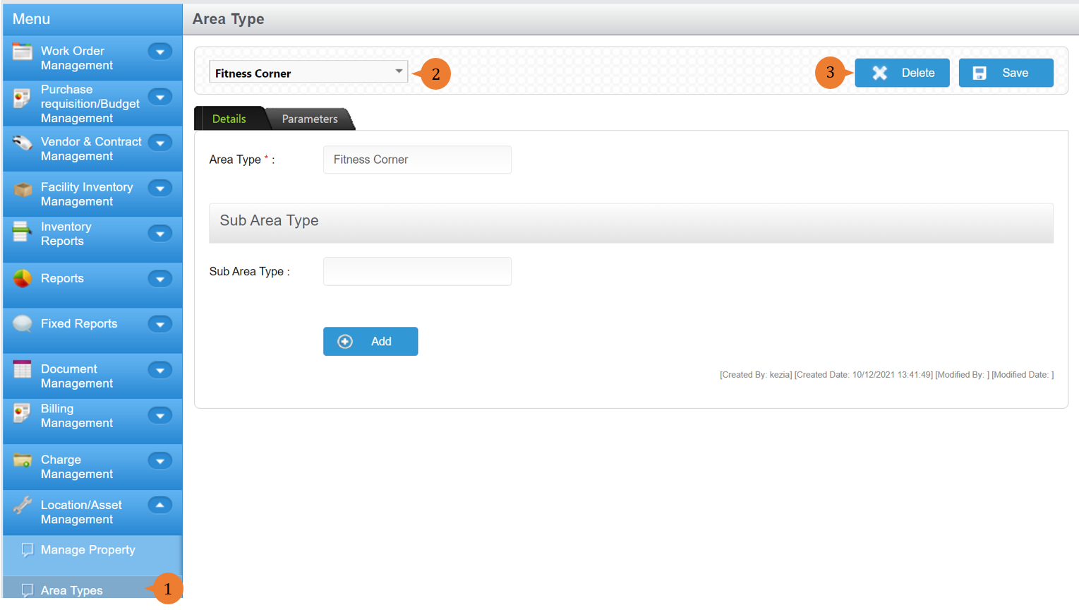 steps 1 to 3 to delete area type