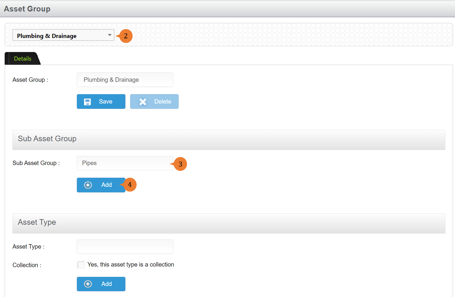 steps 2 to 4 to add sub-assets group