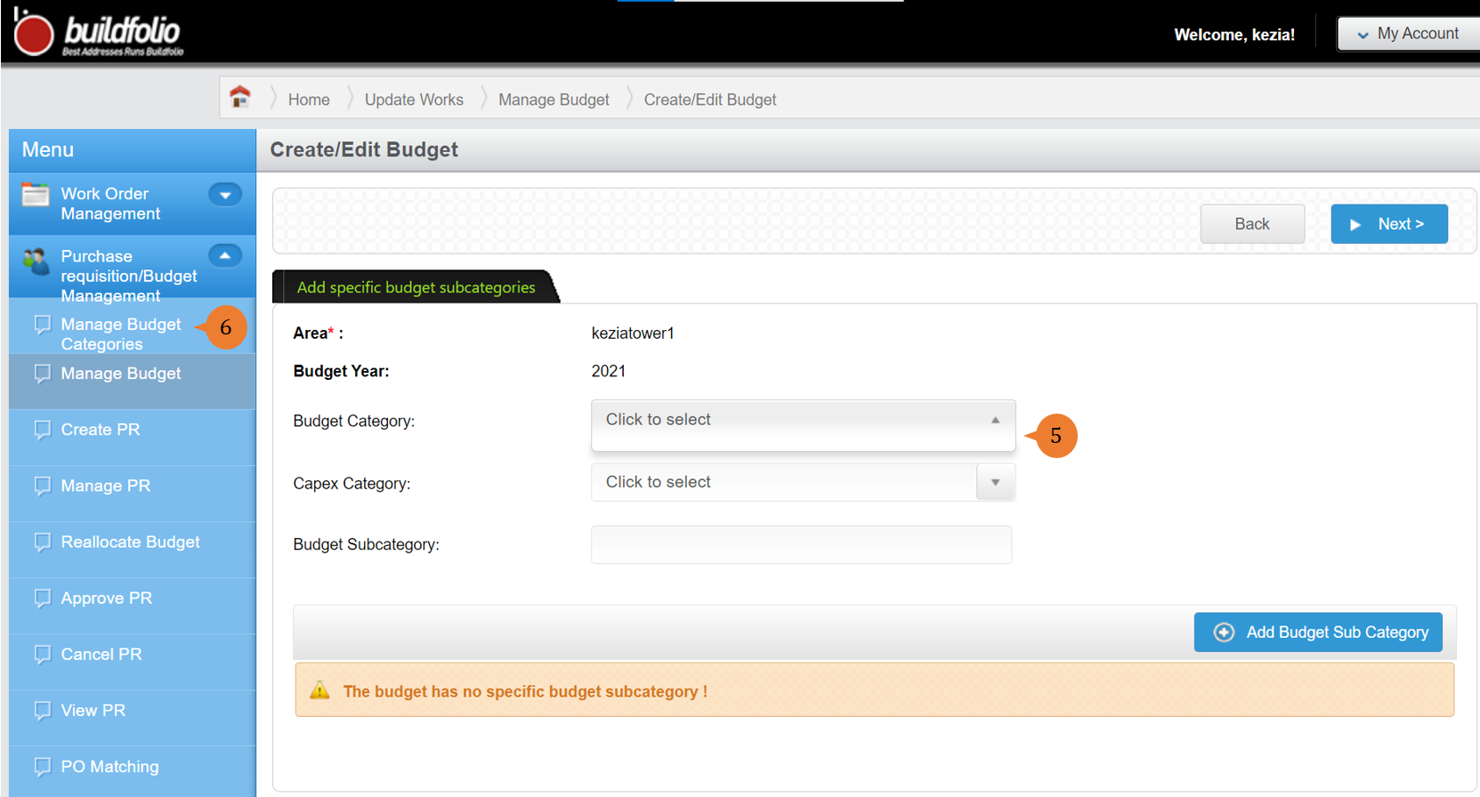 steps 5 to 6 to create new budget from scratch