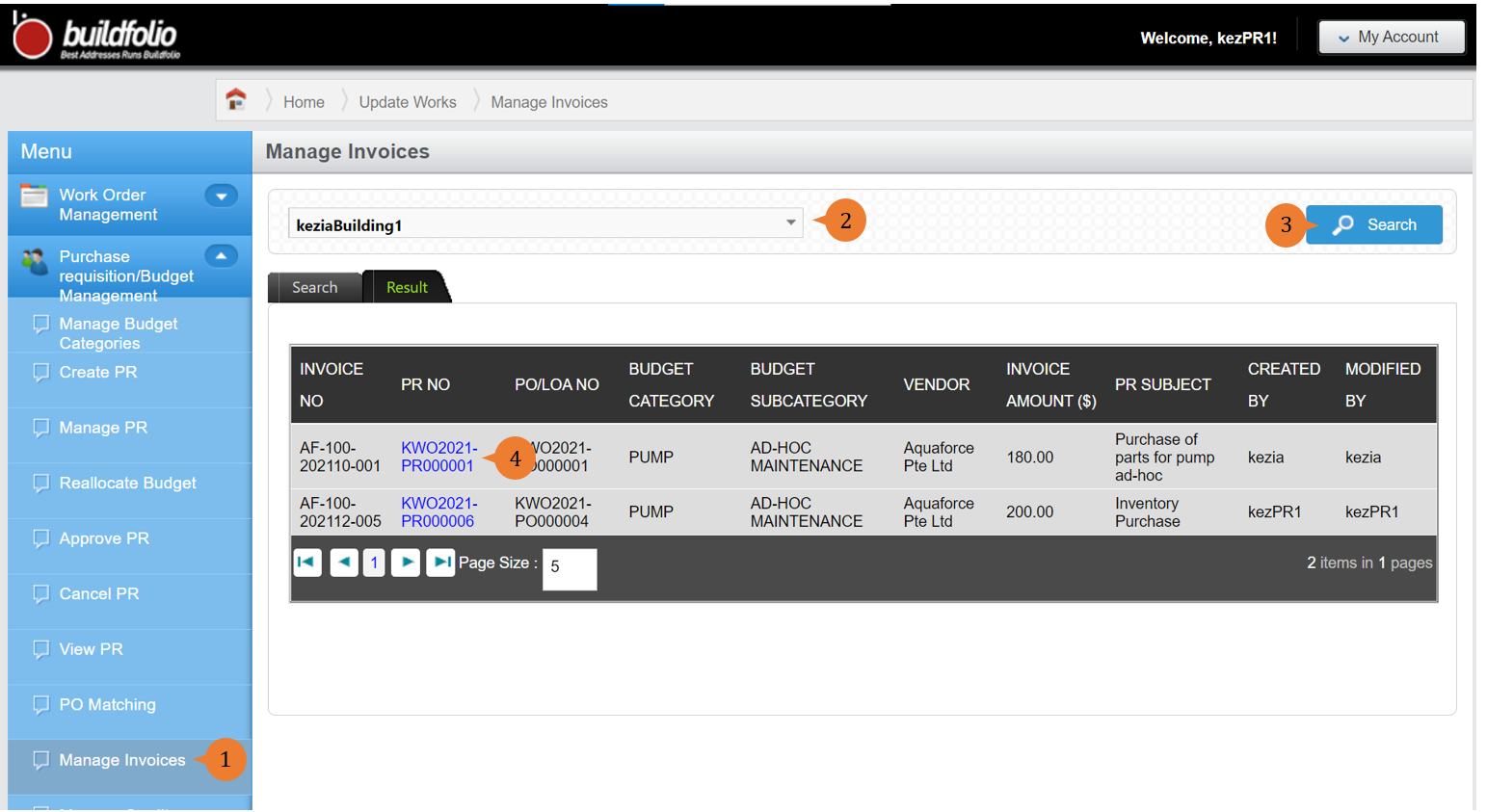 steps 1 to 4 to manage invoices