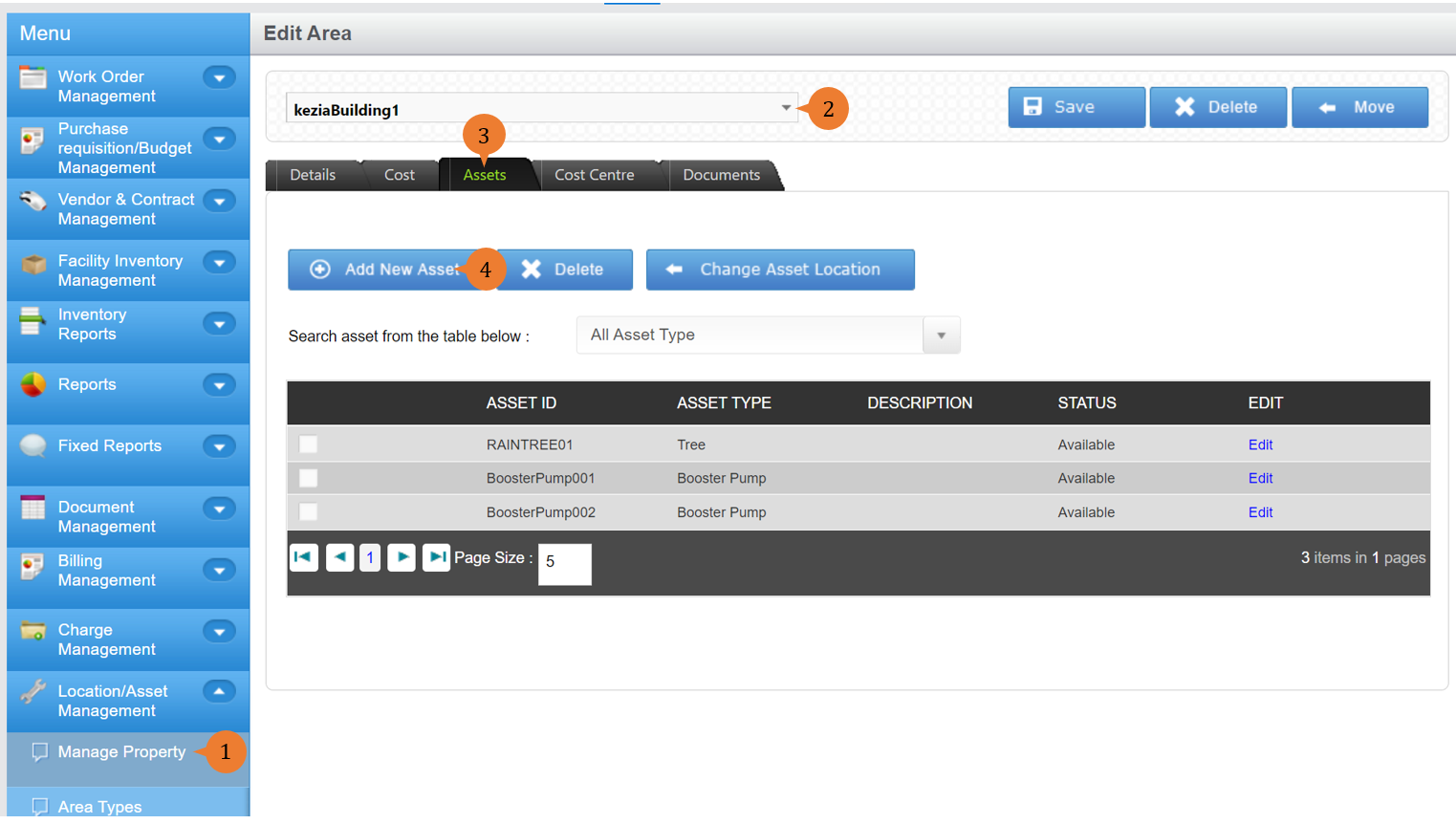 steps 1 to 4 to add asset to subarea