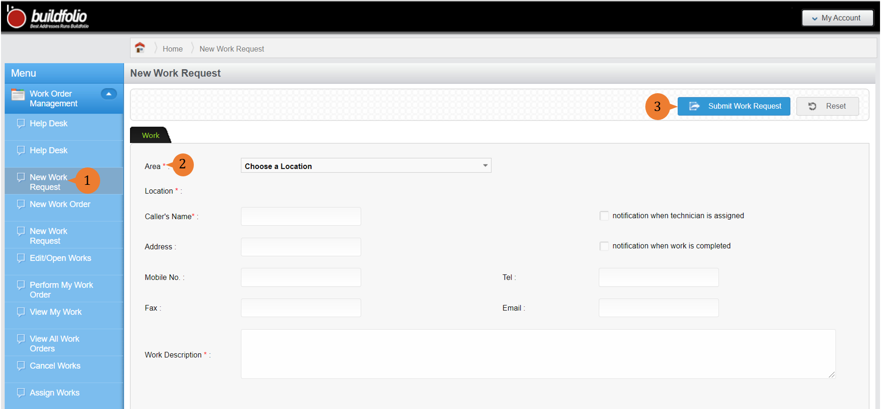 steps 1,2 and 3 to create new Work Request
